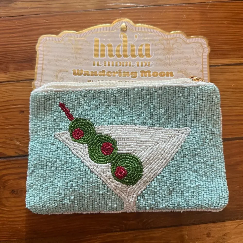 NWT Wandering Moon Beaded Martini Travel Pouch Handmade India Clutch Bag